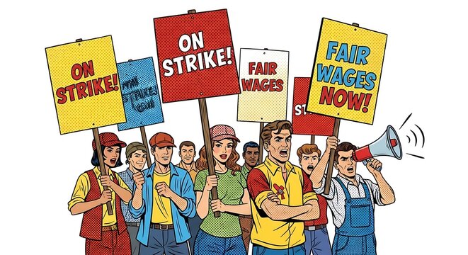 A group of people protesting for fair wages and going on strike