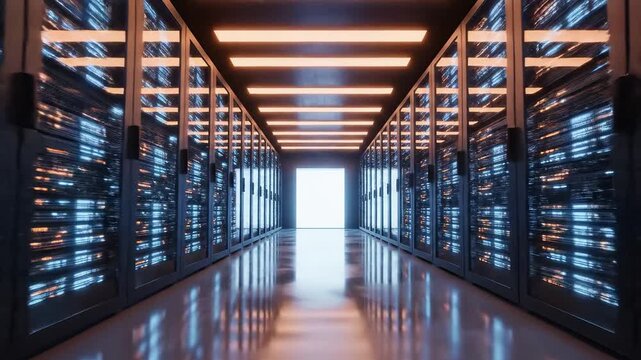 server room with illuminated racks for commercial backgrounds, digital design, and advertising