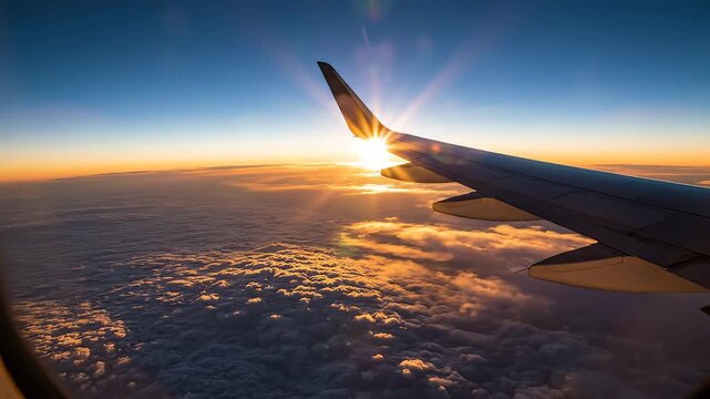 Airplane wing at sunset above clouds for environmental projects, nature documentaries, and commercials