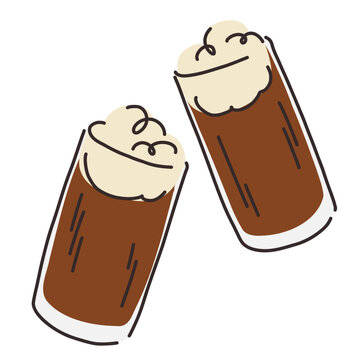 Stylized glass glasses with foaming brown liquid, carbonated cola, fernet, kvass with foam for menu