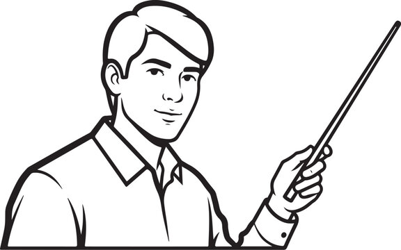 Man holding pointer stick pointing black and white des