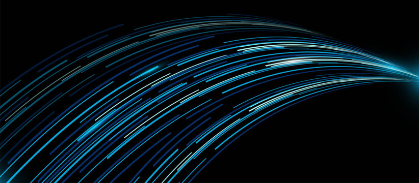 Blue light streaks curve gracefully against black void. Motion flows smoothly, suggesting speed or data transmission