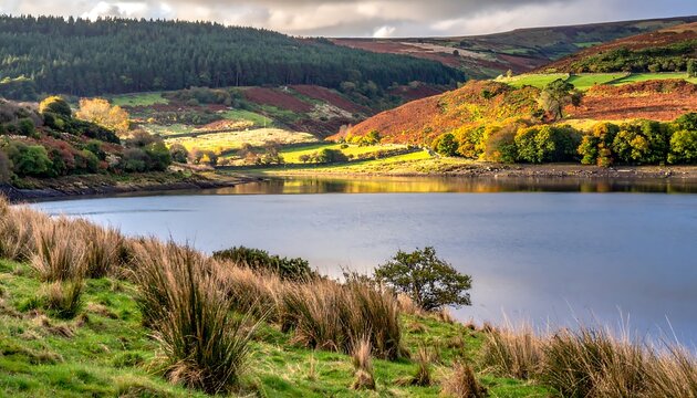 Serene lake nestled amid rolling hills blanketed in autumn colors, under a sky with soft, diffused light