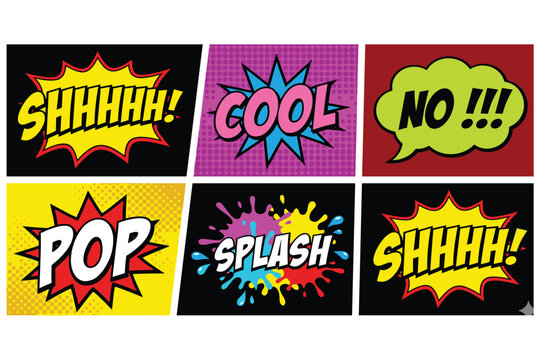 Set of six colorful comic book style speech bubbles with words like shhhh cool no pop and splash.