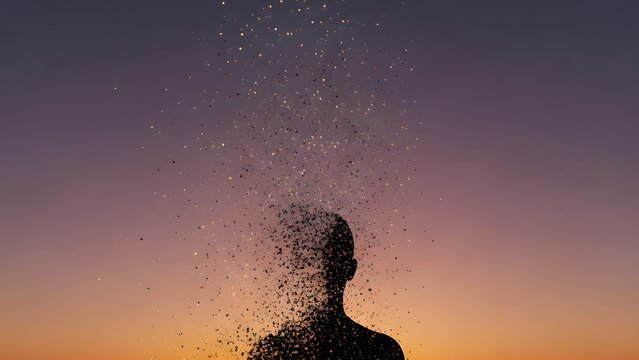 Silhouette of a person dissolving into particles against a vibrant sunset, symbolizing transience and change