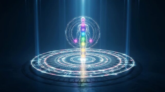 Meditating Figure on Glowing Digital Energy Circular Platform