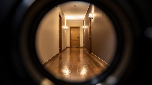 A hallway with wooden floors and closed doors is viewed through a peephole, creating a circular vignette effect.