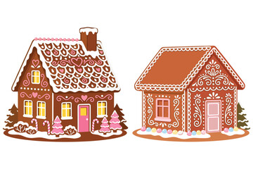 Naklejka premium Two festive gingerbread houses decorated with white icing pink hearts and candy canes.