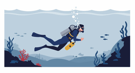 Scuba diver swimming underwater among coral reefs and fish in a blue ocean, flat vector illustration. © Nafa Project