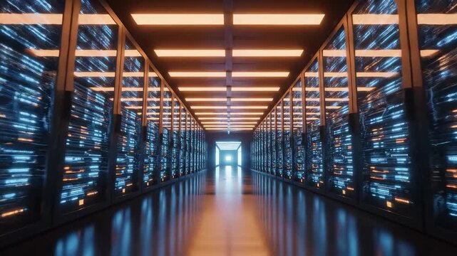 Data center server room corridor for corporate presentations, business marketing, and commercial use