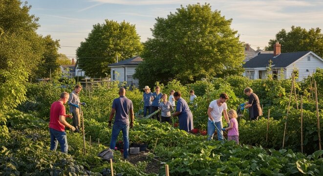 Diverse family members and neighbors gardening together in a lush community vegetable patch during a golden hour sunset Mother's Day product mockup design