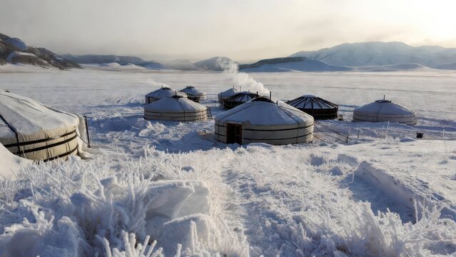 Snowy Landscape of Traditional Yurt Settlement in Winter Scene