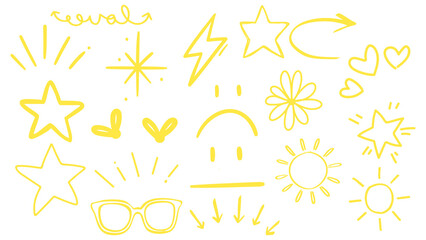Star gold sticker icon collage set. Star icon sketch hand drawn line brush crayon texture vintage background. Cute kid magic twinkle sparkle, glow moon, space figure. Vector © Design idea