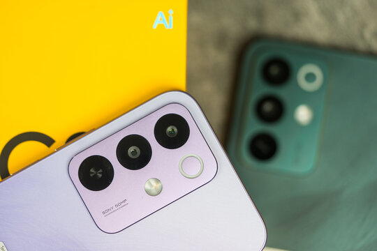 Bangkok, Thailand - April 11, 2026 : Close up of Realme C85 5G. A camera with SONY 50MP. Ai Main Camera
