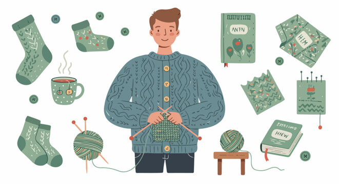 Hand-drawn vector illustration of a man knitting at home with yarn balls, knitted socks, books, and a cup of tea in a cozy atmosphere.