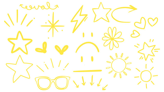 Star gold sticker icon collage set. Star icon sketch hand drawn line brush crayon texture vintage background. Cute kid magic twinkle sparkle, glow moon, space figure. Vector