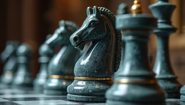 Closeup of ornate marble chess pieces on a board. Knight and king figures shown in detail. Strategy game setup, classic intellectual pastime.