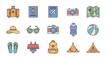 Colorful travel icons and symbols. © Mur