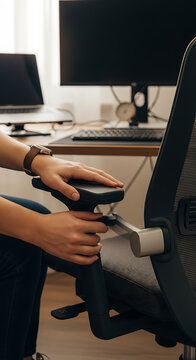 Person adjusting the armrest of a modern ergonomic office chair in a home office setting.