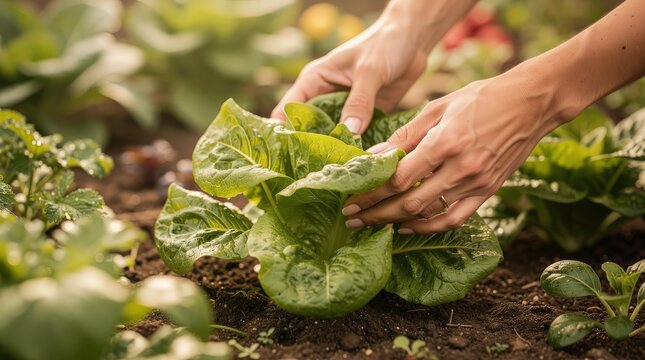 Hands gently harvesting fresh green lettuce from a garden bed in natural sunlight.