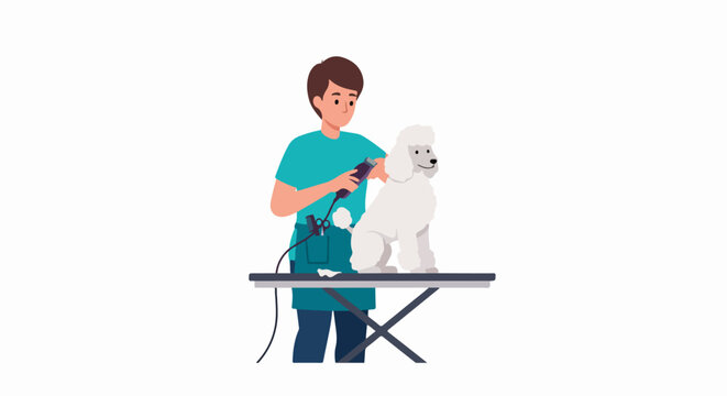 Professional male pet groomer trimming a cute white poodle on a grooming table using electric clippers in a pet salon vector illustration