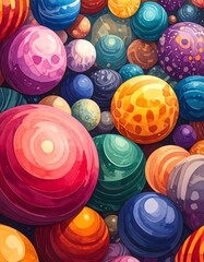Colorful, abstract illustration of various textured orbs overlapping in a vibrant display