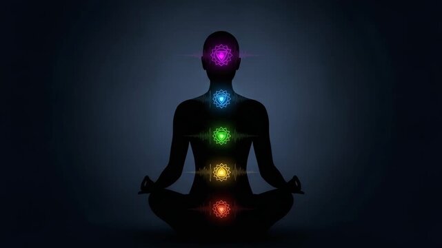 Silhouette of Person Meditating with Glowing Chakra Points