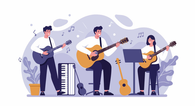 Group of Three Young Musicians Playing Acoustic Guitars Together in a Flat Vector Illustration Style