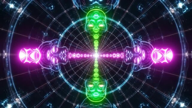 Cosmic Geometry Tunnel with Glowing Green Skull Form