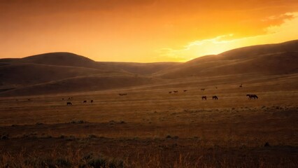 Fototapeta premium Serene Sunset Over Rolling Hills with Horses Grazing in Field