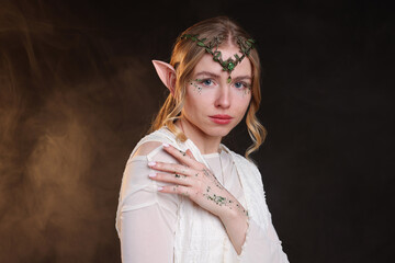 Fototapeta premium Beautiful girl dressed as elf on black background with smoke