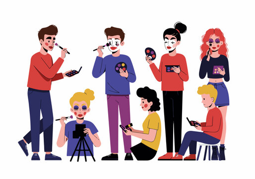 Young people and performers applying theatrical makeup and mime face paint, using brushes and palettes for a stage performance or creative class.