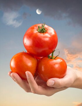 Hand holding a stack of red, ripe tomatoes against a blurred sunset and partial eclipse