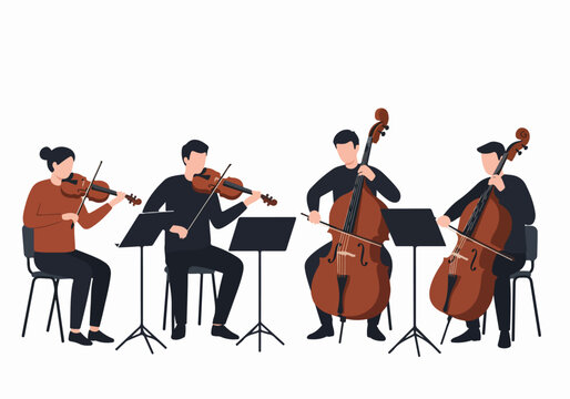 Flat Illustration of a String Quartet of Musicians Playing Violins and Cellos During a Performance on a White Background