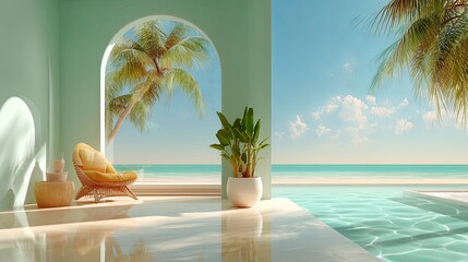 Fototapeta premium Tropical-inspired summer backdrop with soft turquoise and sandy tones, gentle lighting, and clean minimal composition