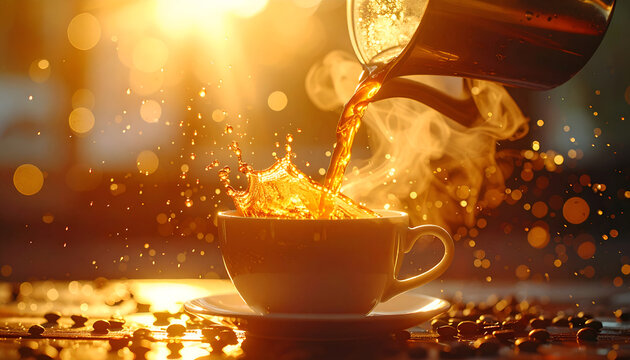 Golden liquid cascades from a metal pot into a ceramic cup, creating a dynamic splash against a backdrop of coffee beans and warm, blurred lights.