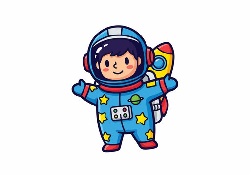 Adorable cartoon astronaut with a rocket pack smiling and waving on a white background