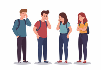 Fototapeta premium Group of Tired and Stressed Young Students with Backpacks Feeling Exhausted and Unhappy, Isolated Flat Vector Illustration