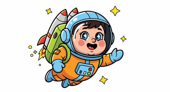 Adorable cartoon astronaut with a rocket pack floating in space with sparkling stars around