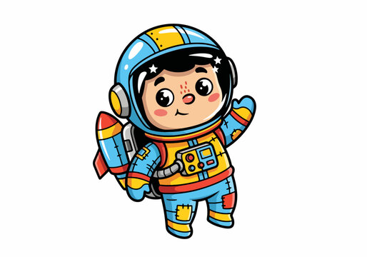 Adorable cartoon astronaut with a rocket backpack waving hello and ready for space adventure
