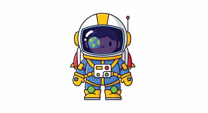 Adorable cartoon astronaut with a globe reflected in the helmet visor illustration