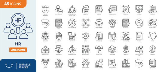 Obraz na płótnie Canvas Human resources icon set. Contain icons related to recruitment, hiring, interview, candidate, employee, workforce, management, job and more. editable stroke. Vector illustration