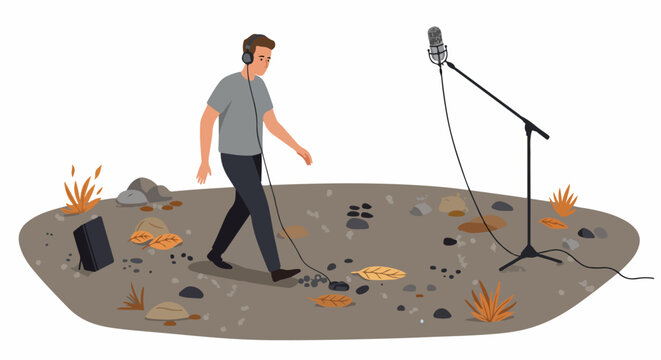 A man recording foley sound effects by walking on a rocky path with dry leaves, using a professional microphone and headphones.