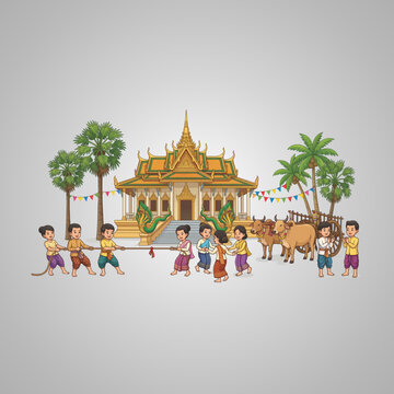 Cartoon Illustration of Children Celebrating Traditional Khmer New Year with Games and Cultural Temple Backdrop