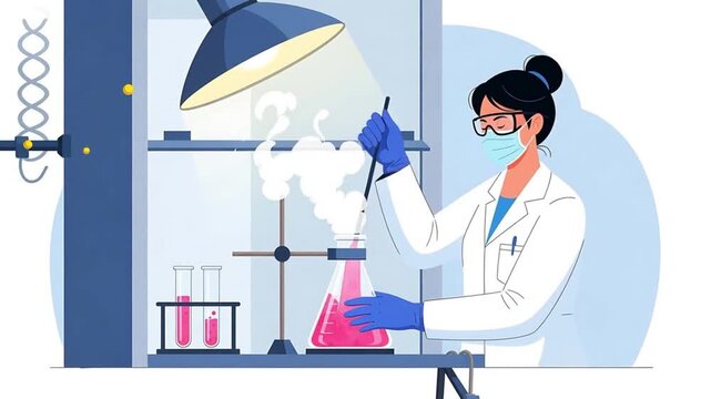 Female Scientist Working with Beaker and Smoking Chemical Reaction in Laboratory 2D Animation