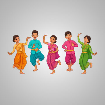 Cheerful Cartoon Illustration of Southeast Asian People Dancing in Colorful Traditional Cultural Clothing Outfits