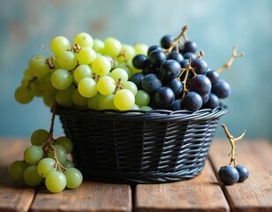 Fototapeta premium Fresh green and dark grapes fill a rustic black basket on a wooden table. Juicy fruit clusters offer sweet flavor and healthy vitamins. Perfect for food blogs and harvest themes.