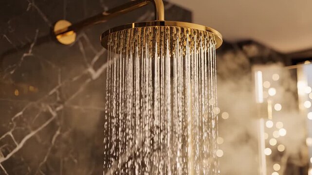 Luxury bathroom shower with marble walls for commercial backgrounds, digital design, and advertising