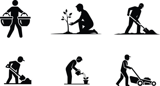 Silhouette icons of people doing gardening and yard work activities