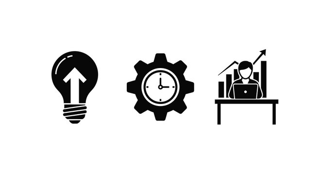 Innovation time management and business growth represented in black silhouette